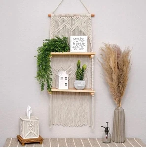 Macrame Wall Hanging Shelf - 2 Tier Wall Shelves with Handmade Woven Rope - Boho - Picture 1 of 3