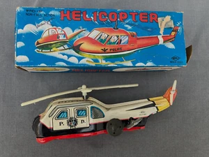Helicóptero de cuerda vintage años 60 MTU hojalata litografía policía jefe de bomberos juguete con caja Corea - Imagen 1 de 10