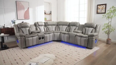 NEW LED 2-Recliner Sectional Set Gray Leather Bluetooth Speaker & USB Charging - Image 1 of 4