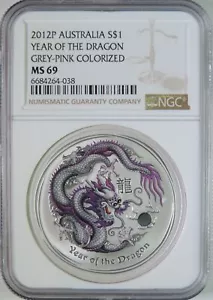 2012 Australia Year of Dragon Grey Pink Colorized $1 1oz Silver Coin NGC MS69 - Picture 1 of 4