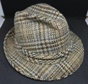 Vintage Resistol Fedora 1950s Plaid Size 7 Browns and Greys with red feather - Picture 1 of 7