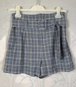 Urban Outfitters blue & beige plaid check waffle belted high-waisted shorts, S/8 - Picture 1 of 4