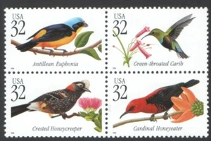 VINTAGE UnUsed Block 32 Cent US Stamps TROPICAL BIRDS Crested Honeycreeper Cardi - Picture 1 of 2