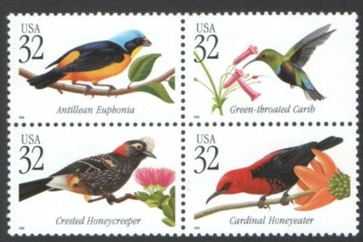 VINTAGE UnUsed Block 32 Cent US Stamps TROPICAL BIRDS Crested Honeycreeper Cardi - Image 1 of 2