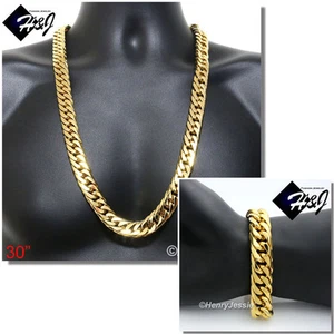 30"MEN Stainless Steel WIDE 16x5mm Gold Plated Cuban Curb Necklace Bracelet SET - Picture 1 of 5