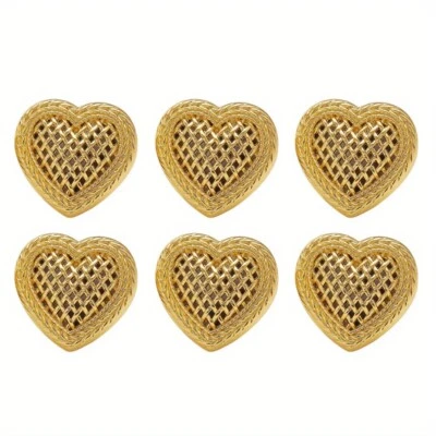 6x Heart-Shaped Buttons with Woven Pattern Gold Finish Sewing Material Decor Kit - Image 1 of 4