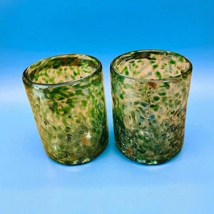 Hand Blown Blue Green Confetti Drinking Glasses Barware Tumbler Lowball Set Of 2 - Picture 1 of 7