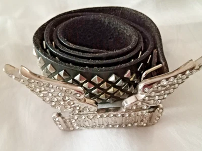 Robin's Jean metal studded Belt Black Leather Italy crystals on buckle size 34 - Image 1 of 4