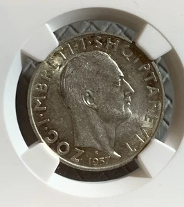 Albania 1937 2 Franga Ari NGC MS61, INDEPENDENCE ANNI. SILVER COIN - Picture 1 of 3