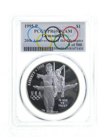 1995 Gymnastics Olympic $1 Silver Commemorative PR69 Spl Lbl 1 of 500 PCGS Cover