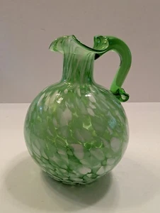 Vintage MCM handgefertigter grün & weiß gesprenkelter Glaskrug 5,5" Höhe - Bild 1 von 12