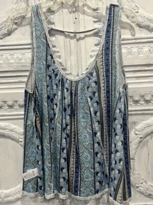 NEW Lucky Brand Top Oversized Small Blue Beige Roses Boho Reverse Knit - Picture 1 of 9
