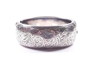 Victorian Bangle Bracelet 1876 Wide Chased Design 925 Sterling Silver - Picture 1 of 9