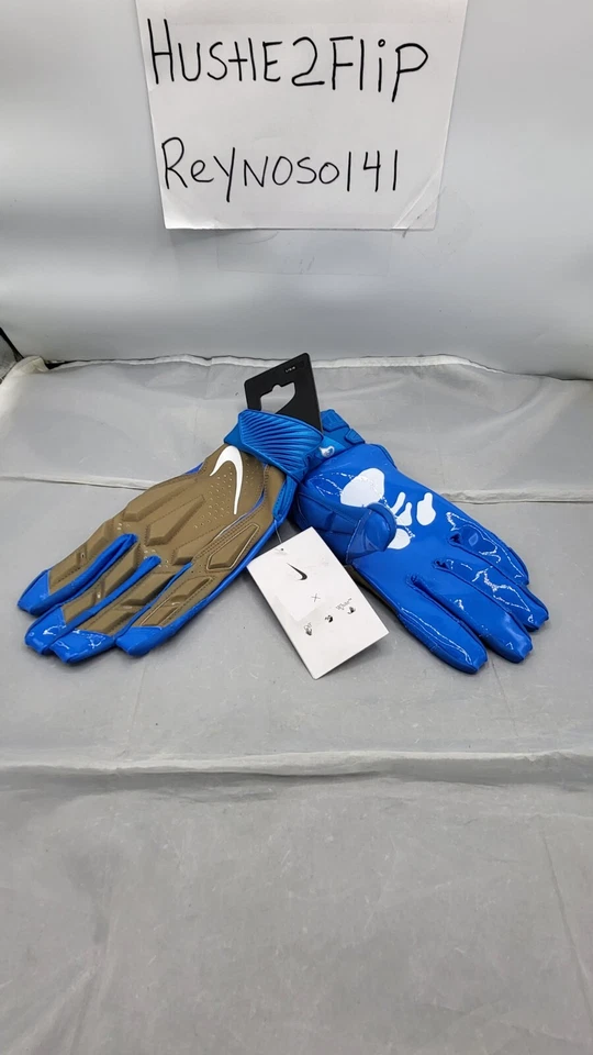 大号耐克 D-Tack x Off-White 足球手套正品男式蓝色棕色全新 HTF。 — 第 1/4 张图片