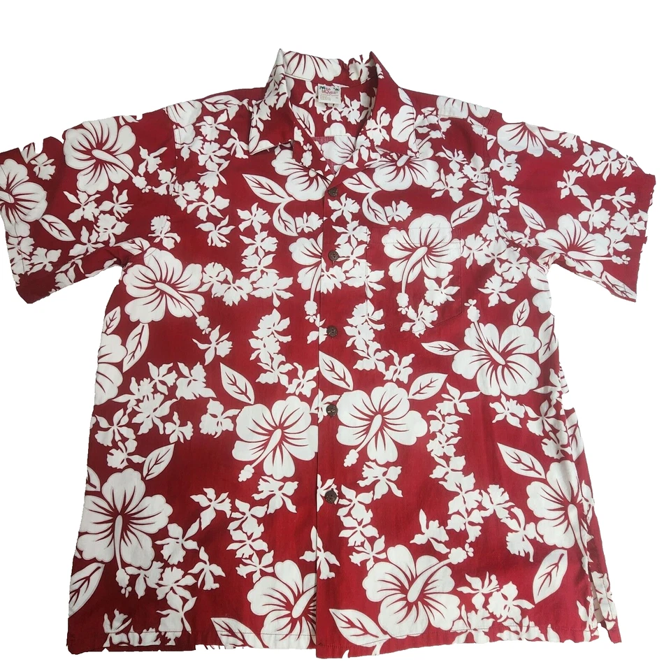 Camisa Go Barefoot Manga Corta Hawaiana Estampado Floral Roja Blanca Para Hombre Talla XL Foto 1 de 4