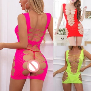 Mini abito corto donna a rete scavato a rete trasparente senza maniche babydoll - Foto 1 di 61