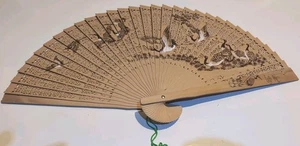Vintage Folding Sensu Fan China Crane Scene - Painted On Both Sides - Picture 1 of 9