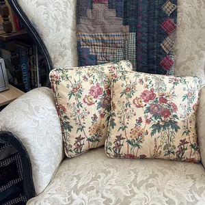 Vintage 30s French Chintz Floral Corded Decorative Linen Sofa 14" Throw Pillows - Picture 1 of 10