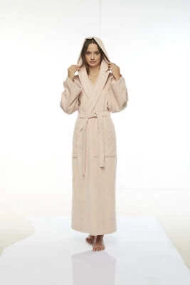 Womens Hooded Full Length Long 100% Turkish Cotton Terry Bathrobe Robe - Image 1 of 4