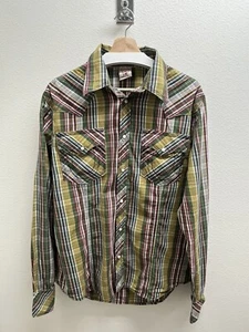 True Religion Western Pearl Snap Plaid Shirt Men's XXL Green Yellow Long Sleeve - Picture 1 of 6