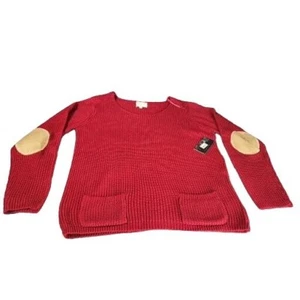 Debbie Morgan Red Pullover Rib Sweater Sz L Elbow Patches LS Scoop Neck Acrylic - Picture 1 of 9