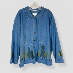 Vintage CJ Banks taglia 3X blu 100% cotone denim shacket ricamato alberi nonna - Foto 1 di 9