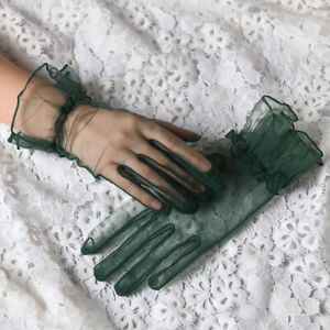 Women Short Tulle Gloves Wedding Lotus Leaf Sheer Lace Full Finger Mittens Party
