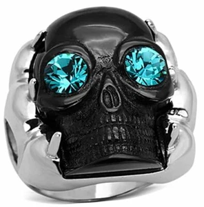 Silver Stainless Steel Jewelry Skull Ring, Premium Grade Blue Crystal Women's 9 - Picture 1 of 1