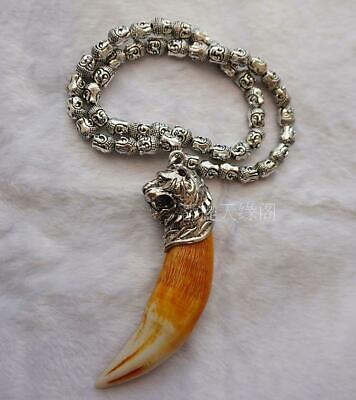 Tibet Silver Inlaid Tiger Tooth Pendant To Ward Off Bad Luck Buddha Head • 28.99$