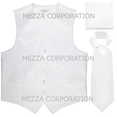 New Men's Solid Tuxedo Vest Waistcoat & Ascot Cravat Hankie Set White Wedding - Image 1 of 4