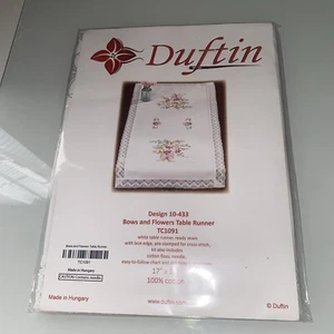 Duftin Cross Stitch Table Runner 17” x 38” Bows & Flowers - Picture 1 of 7