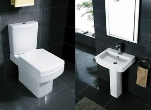 Modern Close Coupled Square Toilet Basin Pedestal Complete Bathroom Suite 4 pc