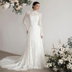 Full Lace A Line Wedding Dresses Long Sleeves Sweep Train Elegant Bridal Gowns - Picture 1 of 9