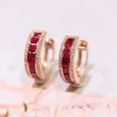 Simple Style Lab Created Ruby Natural Diamond Women Hoop Earrings 14K Rose Gold - Image 1 of 3