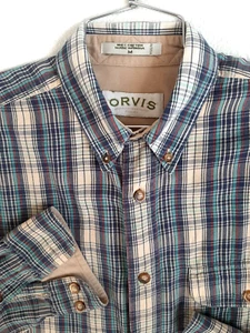 ORVIS Men's Size M Medium Button Up Shirt Plaid Blues Tan Long Sleeve Cotton - Picture 1 of 10