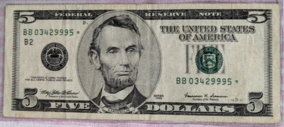 1999 $5Dollar star note, SN BB03429995* circulated - Image 1 of 2