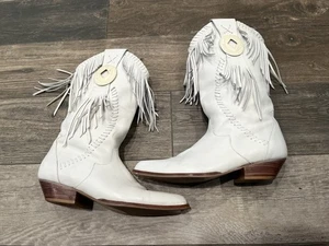 Circle S Tonka Fringed White Leather Western Cowboy Boots Size 8.5 Vintage - Picture 1 of 9