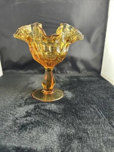 Compota de vidrio ámbar Fenton vintage, patrón de huella digital, borde grande con volantes - Imagen 1 de 8