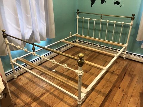 Antique Victorian Iron & Brass Bed Frame Full Size Painted White Cover