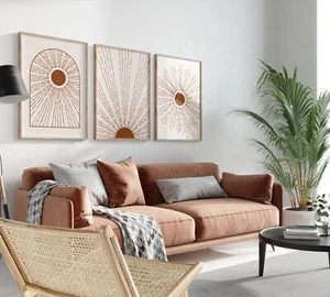 Set Of 3 Canvas Minimalist Wall Art Print Sun with Rays For Home Decoration - Picture 1 of 6