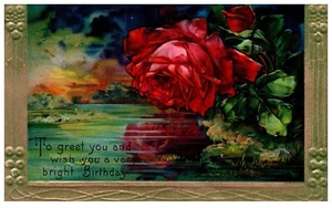 Embossed Red Rose Lake Scene Gold Border Birthday Postcard Posted 1911 Germany - Picture 1 of 2