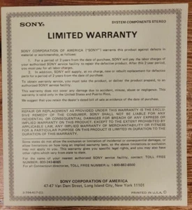 Sony System Components Stereo Limited Warranty 3-794-417-(1) - Picture 1 of 1
