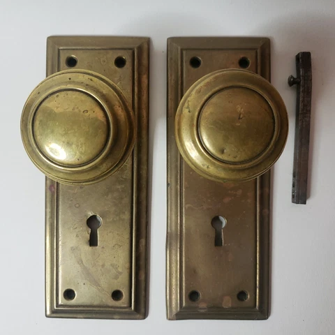 Antique Interior Door Handle & Back Plates Set Brass Cover