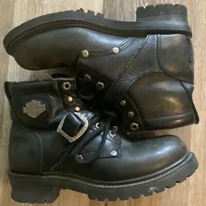 HARLEY DAVIDSON Motorcycle Riding Boots BLACK LEATHER Vtg Women's 7.5 Buckle - Picture 1 of 12