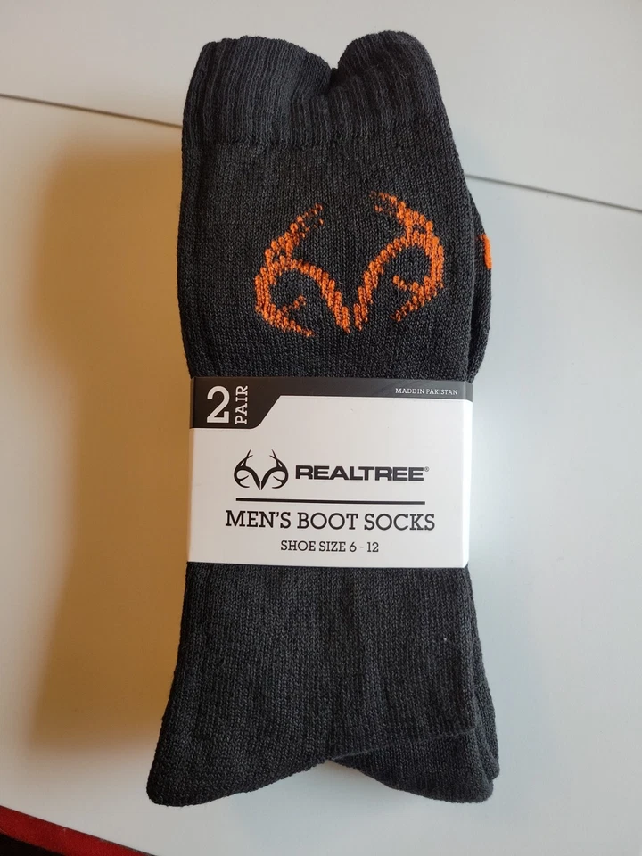 2 Pair RealTree Crew Socks, Men's Shoe Size 6-12, Black, Boot, Hunting - Image 1 of 1