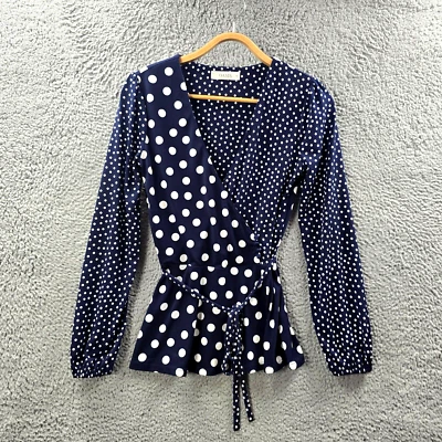 Oasis Womens Wrap Blouse Top Size XS Navy Blue White Spot Long Sleeve V-Neck - Image 1 of 4