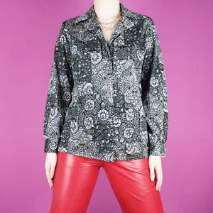 vintage 1970s retro paisley floral 80s blouse black white shirt top medium 12 14 - Picture 1 of 10