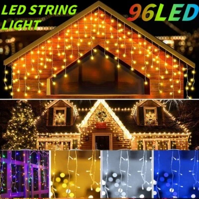 Curtain Icicle Lights Wedding Party 96 LED Fairy String Xmas Indoor Outdoor US - Image 1 of 4