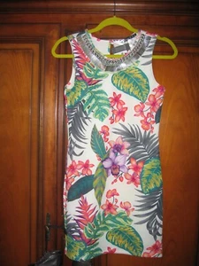 BNWT STUNNING ATMOSPHERE CREAM TROPICAL PRINT BODYCON DRESS + BEADED NECK SZ 12 - Picture 1 of 5