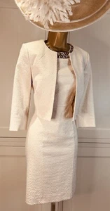 Hobbs UK 10 Cream Beaded Textured Fitted Dress & 3/4 Sleeve Occasion Bolero - Picture 1 of 24